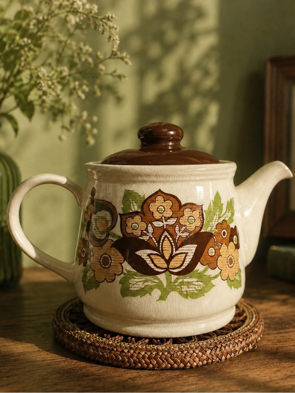SADLER Brown & Orange Floral Vintage Teapot
